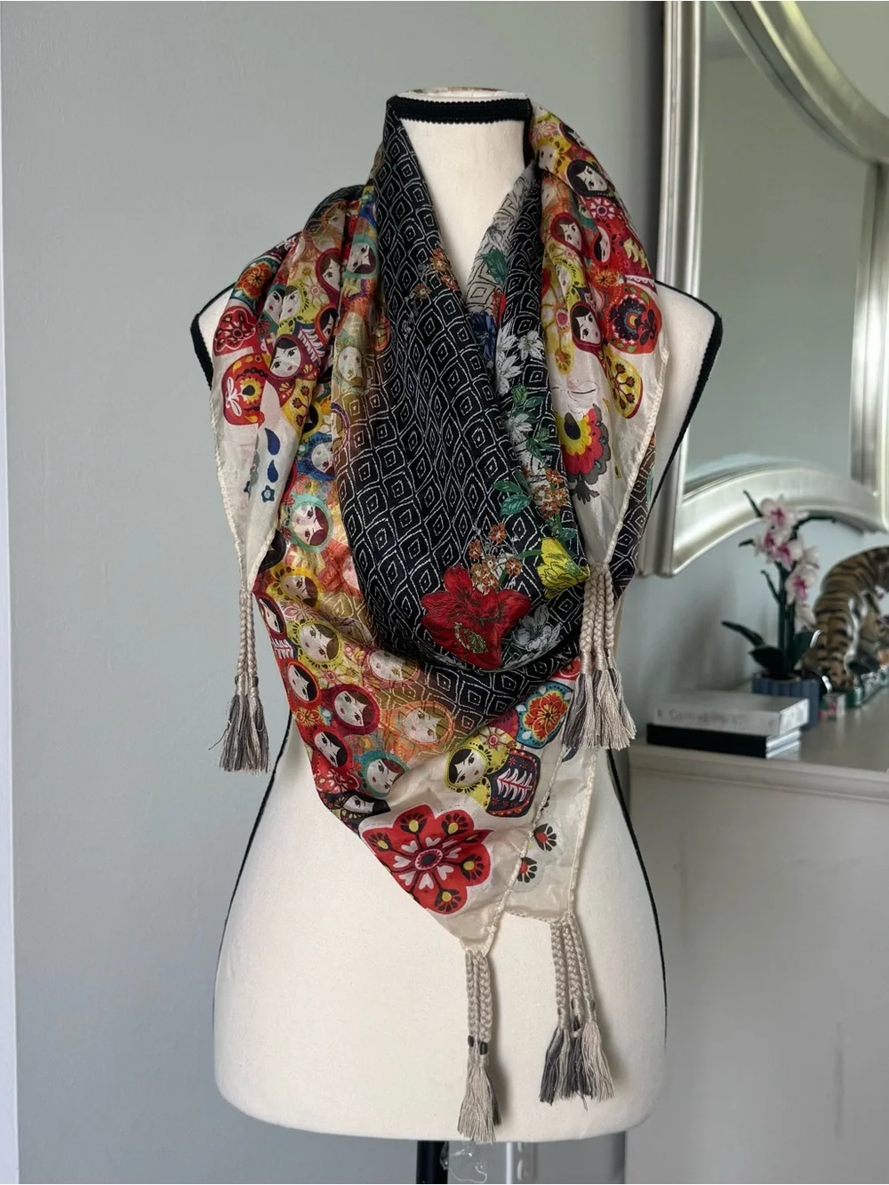 Johnny Was  Cream Multi-Color Floral & Folk Scarf with Tassel
